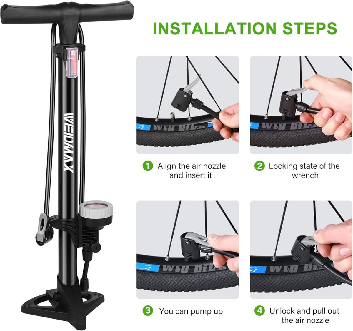 WEIDMAX Hochdruck Standpumpe Fahrrad-Reifenfüller 160 psi Schwarz