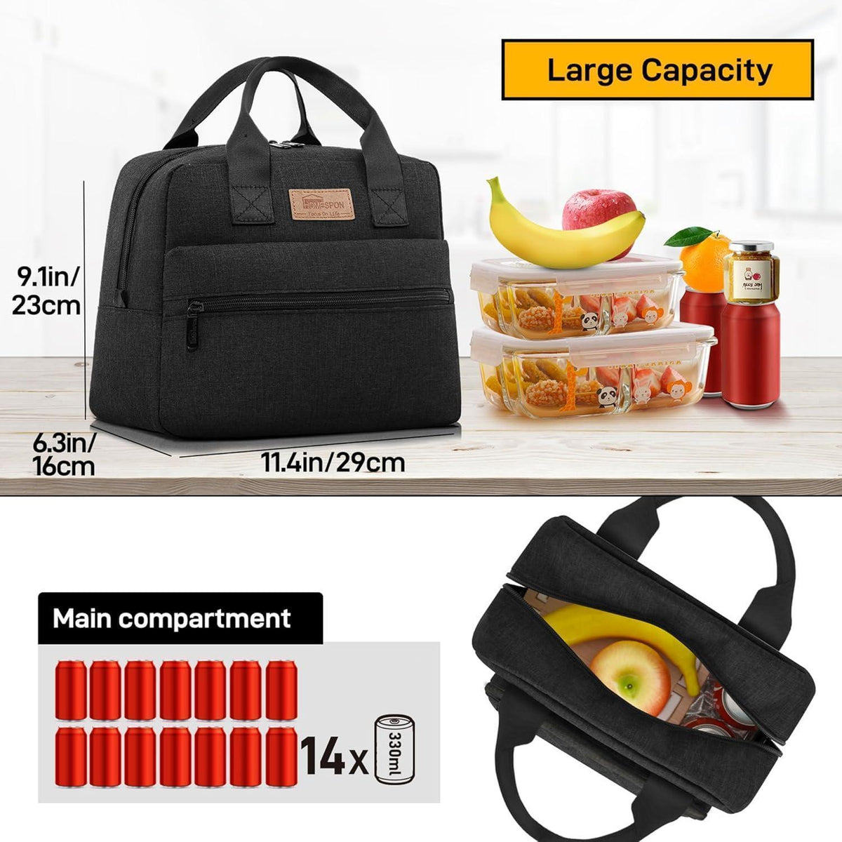 Isolierte Lunchtasche Schwarz – Groß, Wasserdicht & Wiederverwendbar