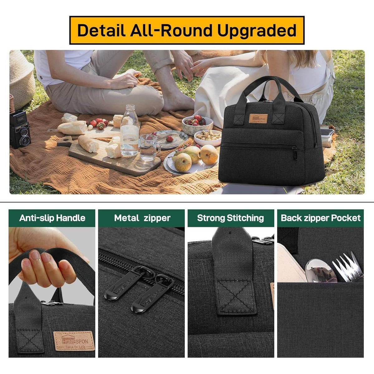 Isolierte Lunchtasche Schwarz – Groß, Wasserdicht & Wiederverwendbar