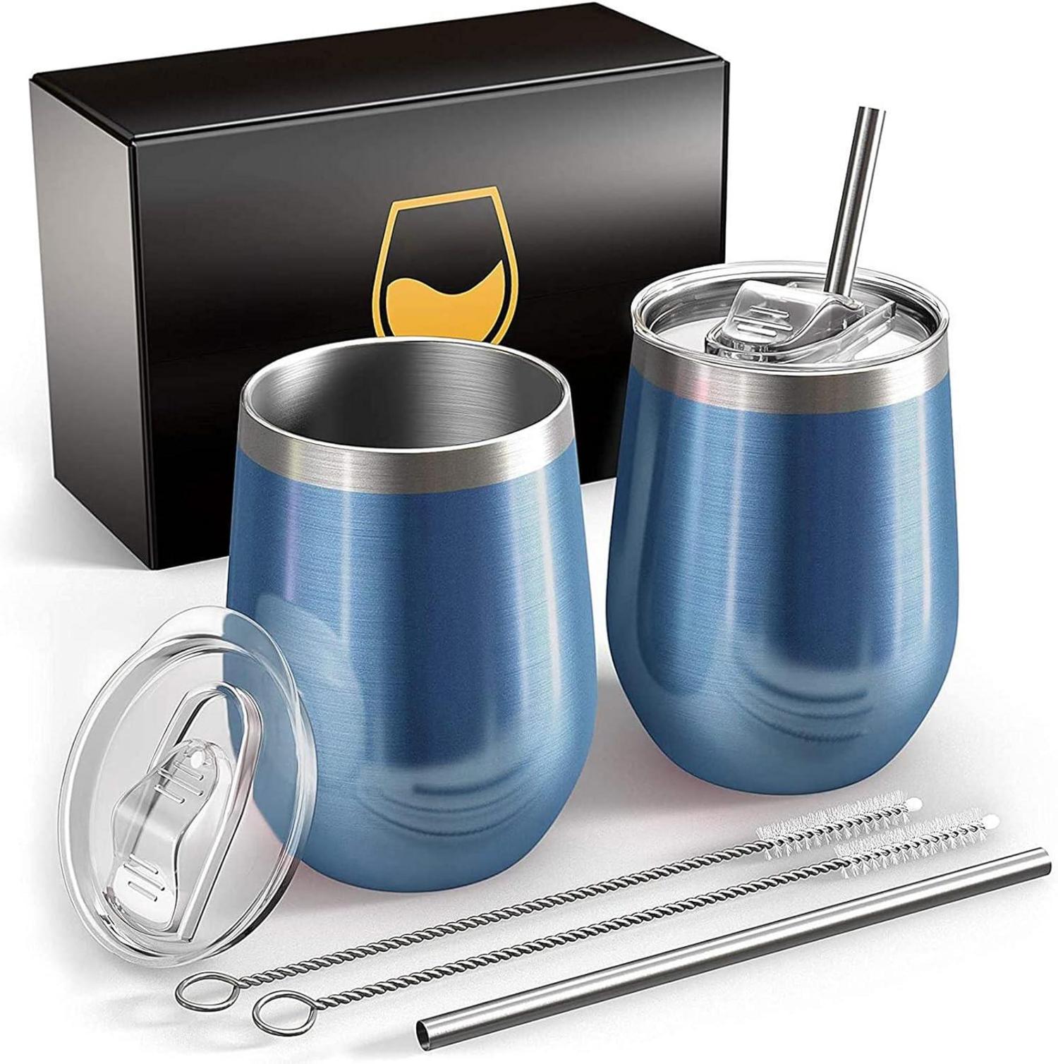 FloweryOcean Edelstahl Weinbecher 2er Set 12OZ Vakuumisoliert hellblau