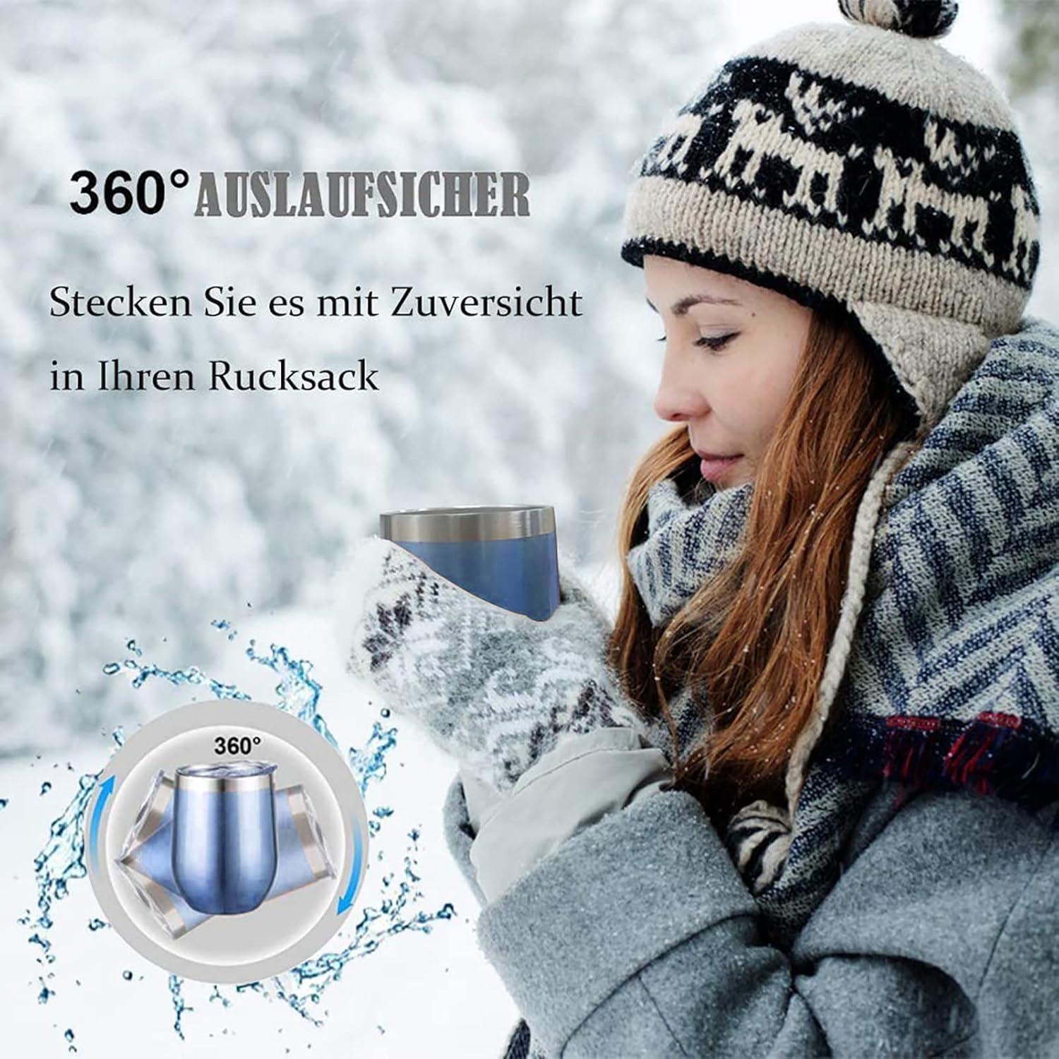 FloweryOcean 2er Set Edelstahl Weinbecher 12OZ, BPA-frei, doppelwandig isoliert, 5h heiß/ 10h kalt, Hellblau