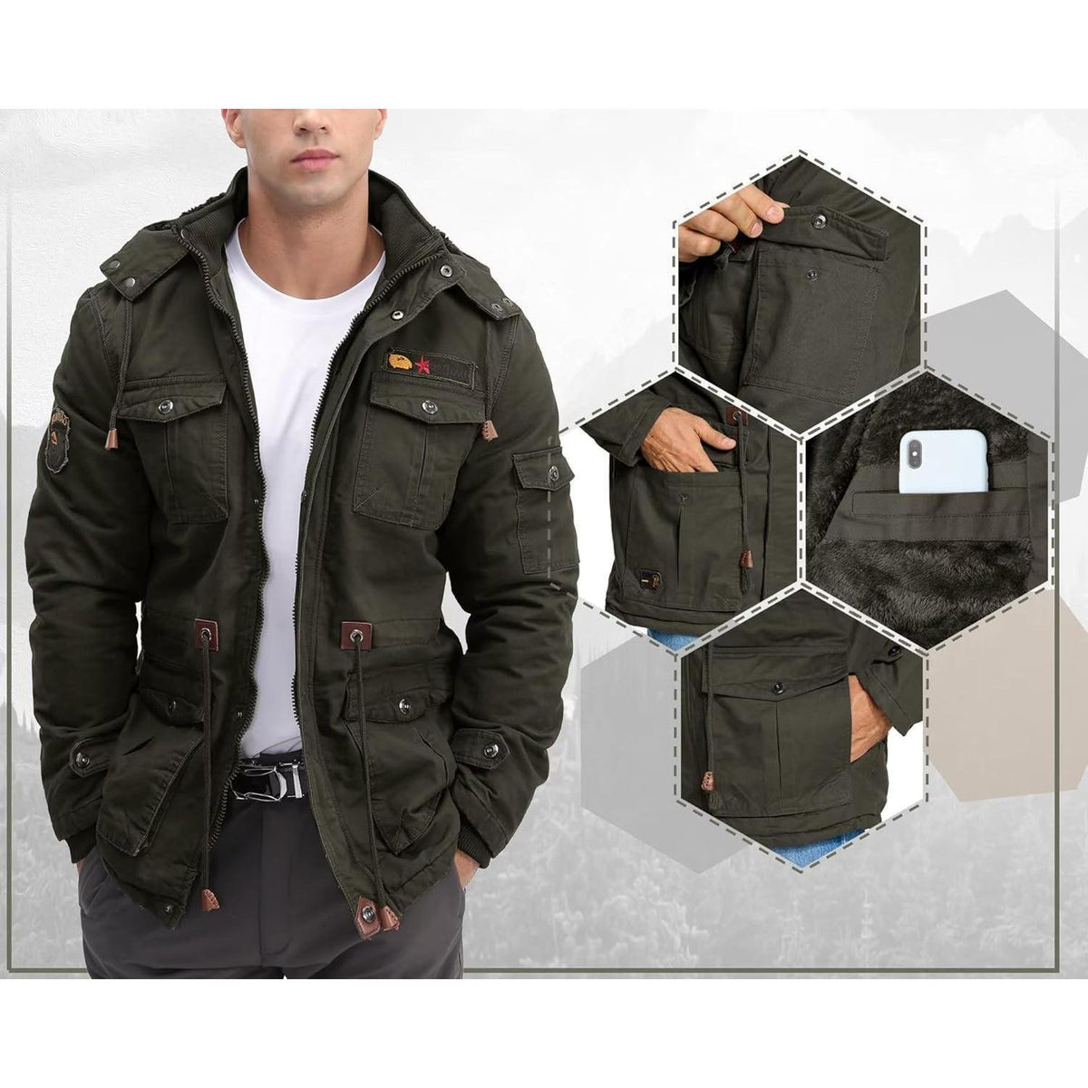 Herren Winterparka Fleecegefüttert mit Taschen & Kapuze