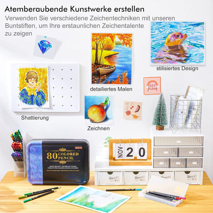 Shuttle Art 80 Buntstifte Set Malbuch Skizzenbuch Spitzer Bleistiftverlängerer Holzstifte