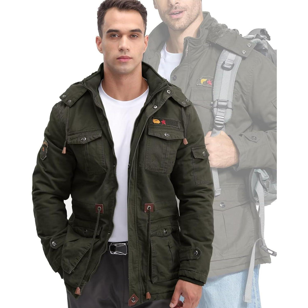 Herren Winterparka Fleecegefüttert mit Taschen & Kapuze Dunkeloliv