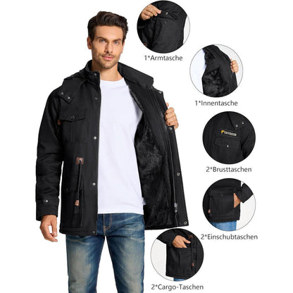 Herren Winterparka Fleecegefüttert mit Taschen & Kapuze Schwarz