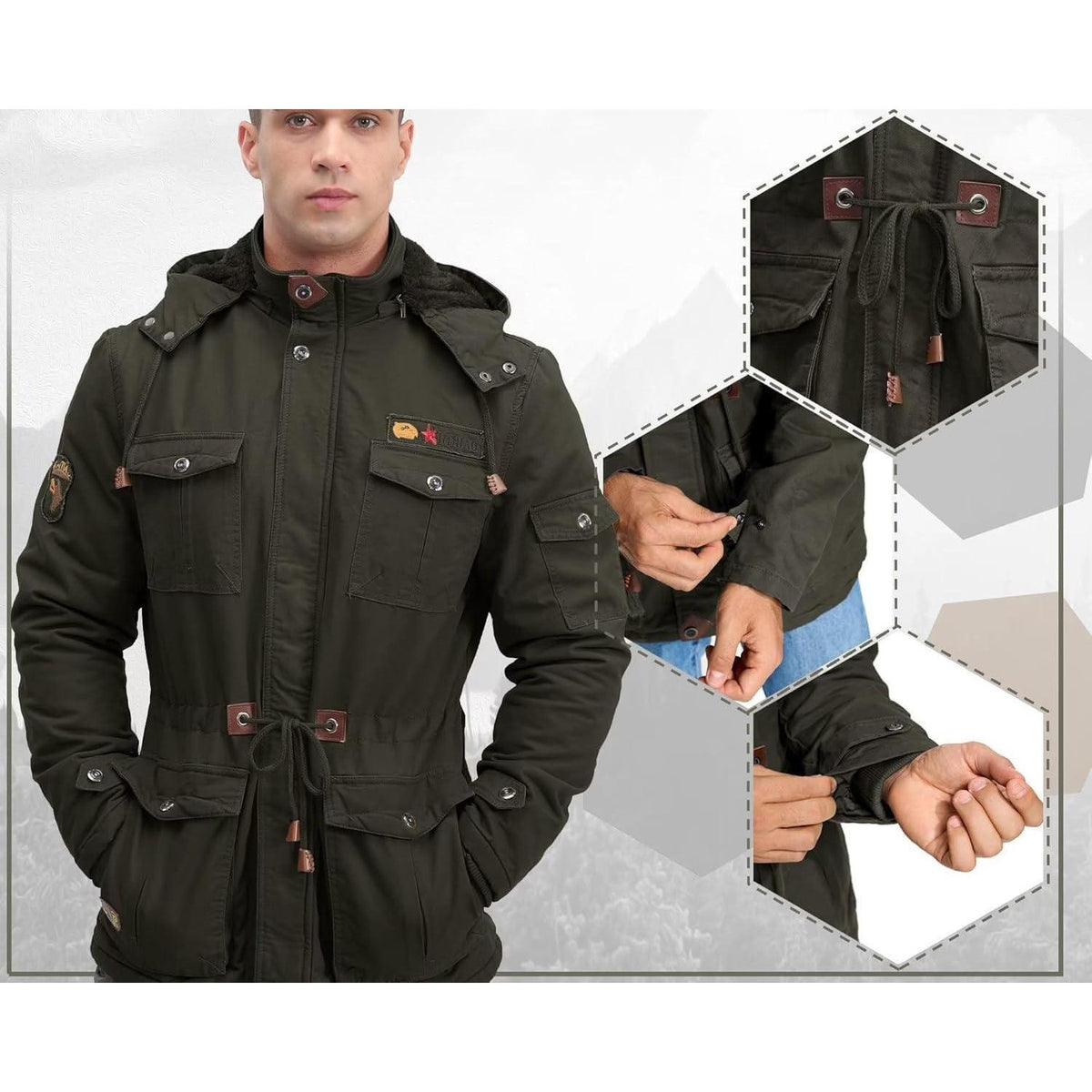 Herren Winterparka Fleecegefüttert mit Taschen & Kapuze