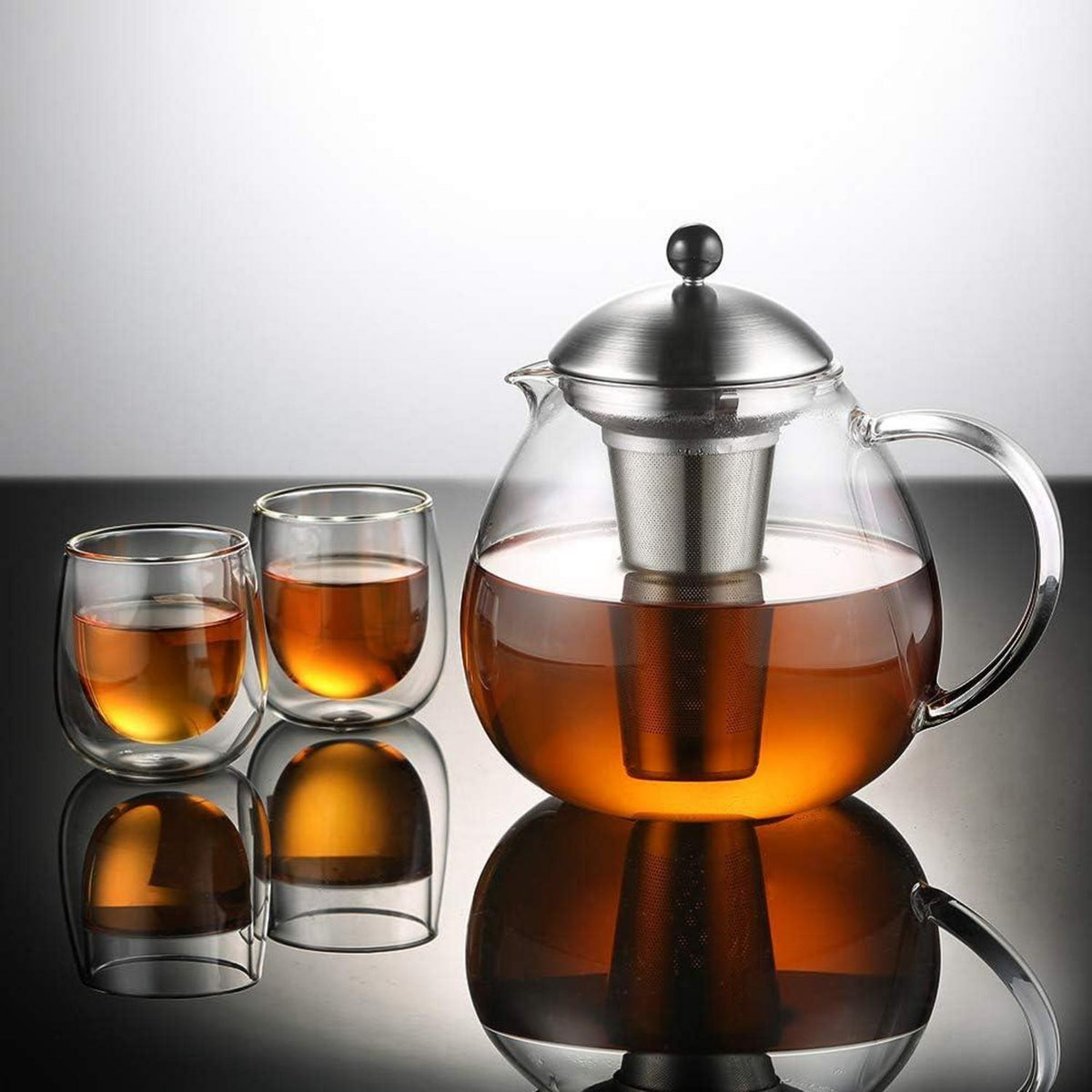 Teekanne 1500ml mit Stövchen Edelstahl Glas Teewärmer Suit
