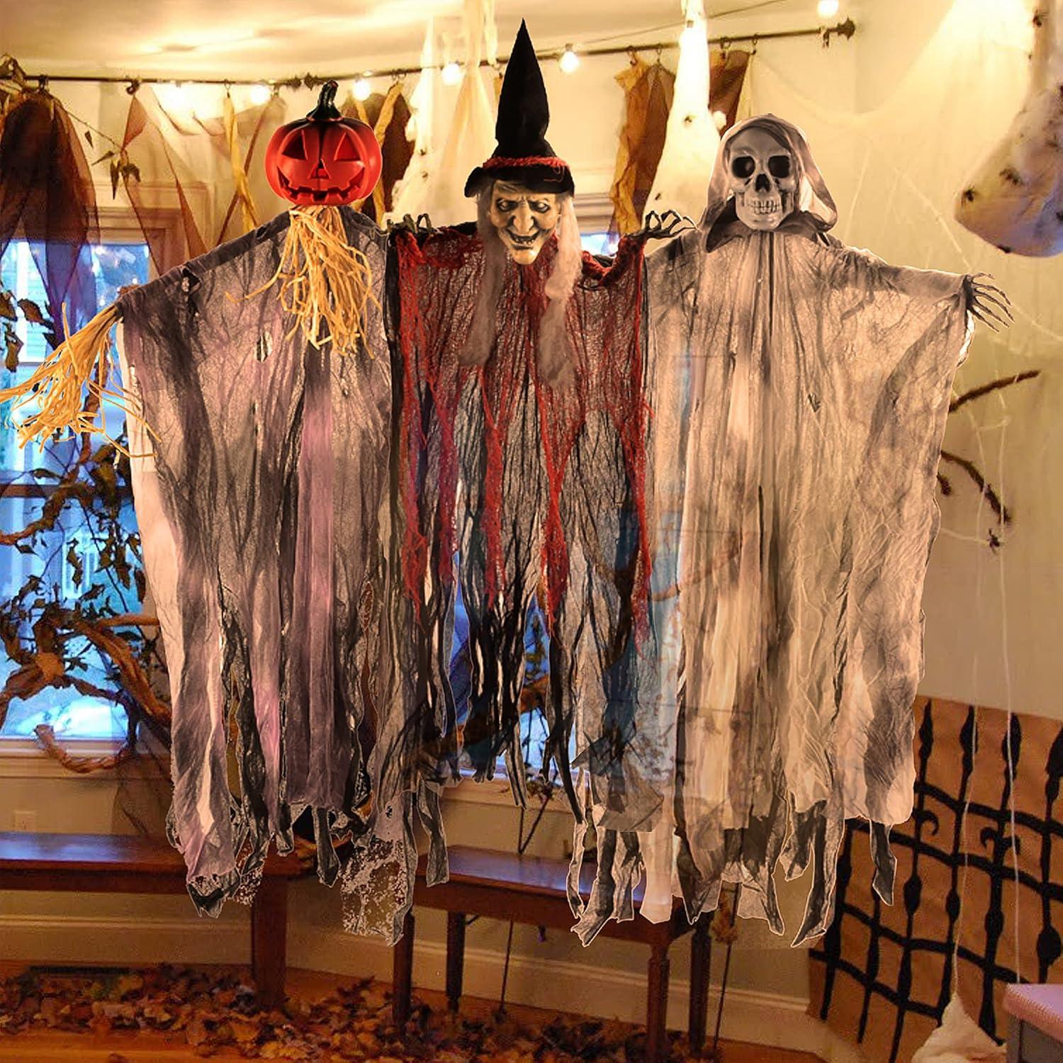 3er Set Hängende Geister Sensenmann Hexe Halloween Deko 90cm Outdoor