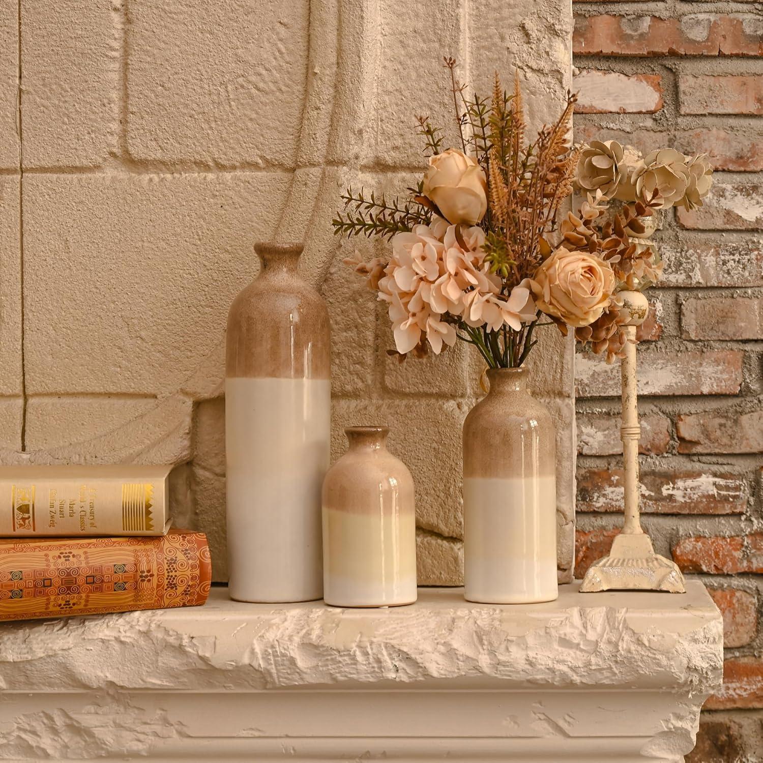 Keramik Vasen Set Beige Vintage Blumenvase Wohnzimmer Deko 25/19,5/13,5cm