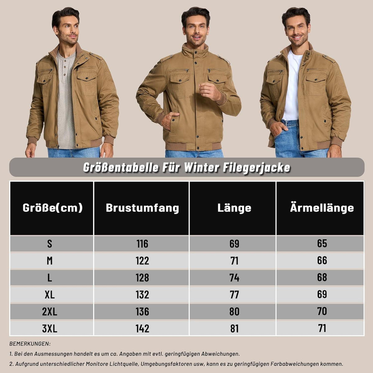 Herren Winterjacke Sherpa Gefüttert Khaki S