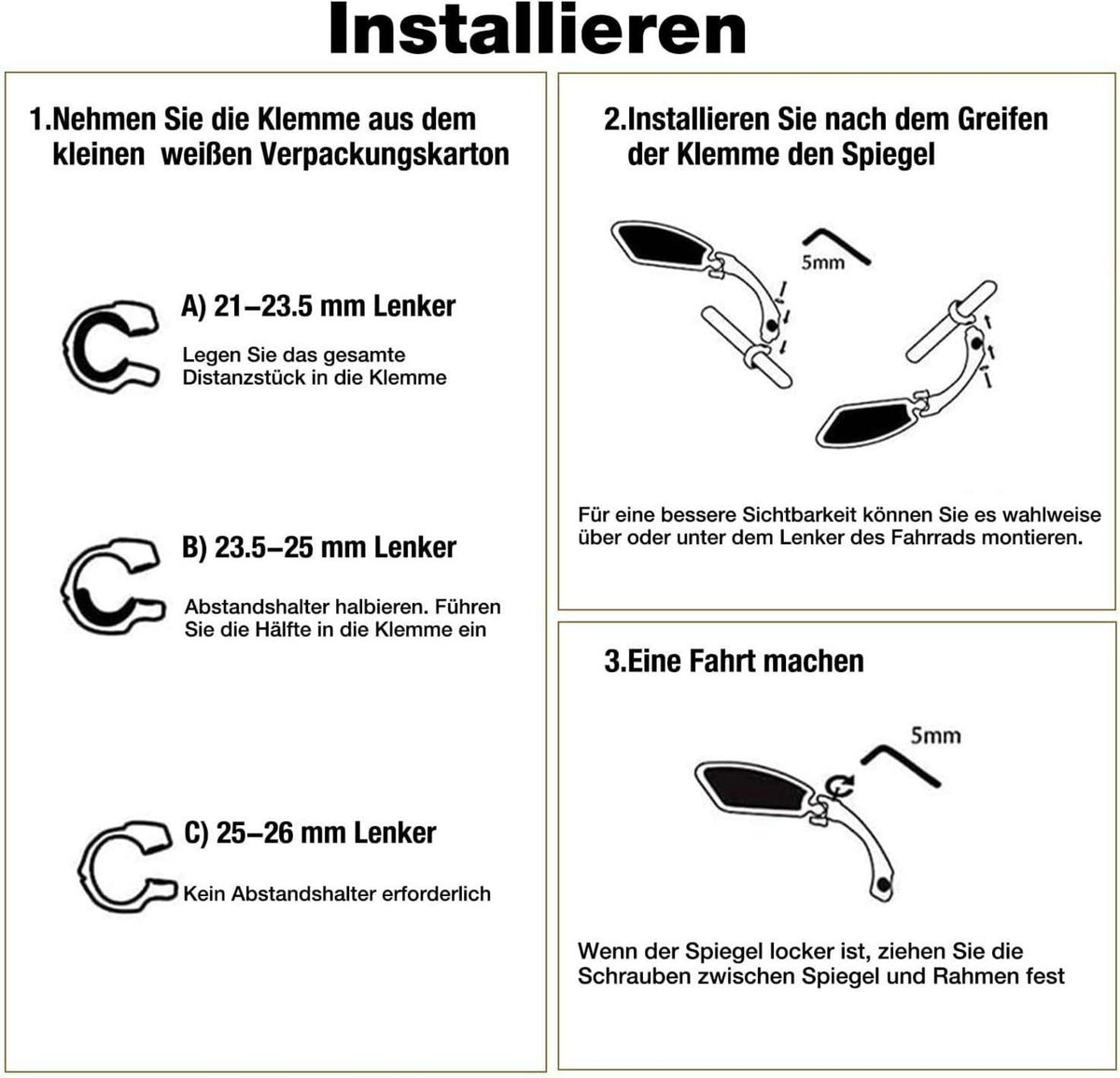 Fahrradspiegel Rückspiegel HD Edelstahl Generation 2.0 21-26mm für Ebike Roller