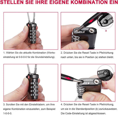 TSA Zahlenschloss 4 Stellig Koffer Kabelschloss Set (2