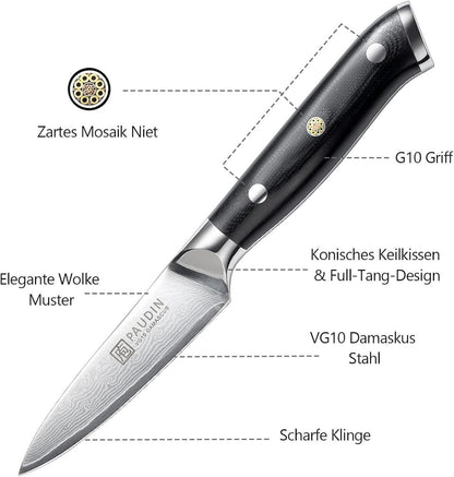Damast Schälmesser 9 cm Obst Gemüsemesser VG10 Klinge G10-Griff
