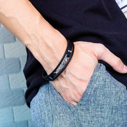 Herren Geflochtenes Leder Armband Schwarz Edelstahl 21 cm