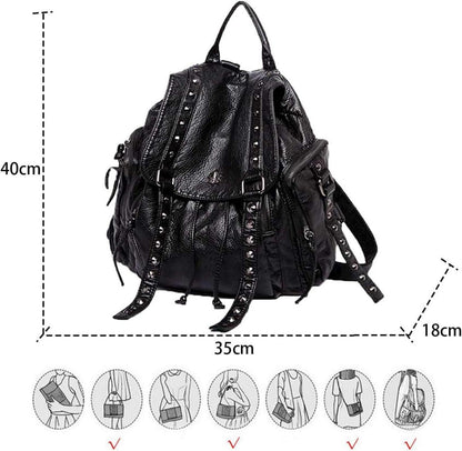 Punk Damen Rucksackhandtasche mit Niet Schwarz PU Leder Teenager Daypack