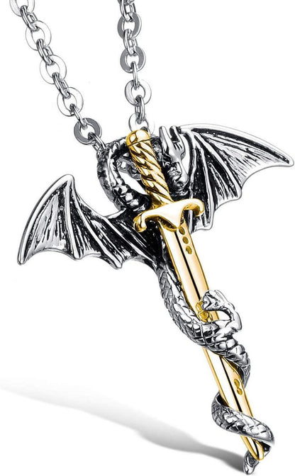 Edelstahl Drache Schwert Anhänger Halskette Herren Schmuck