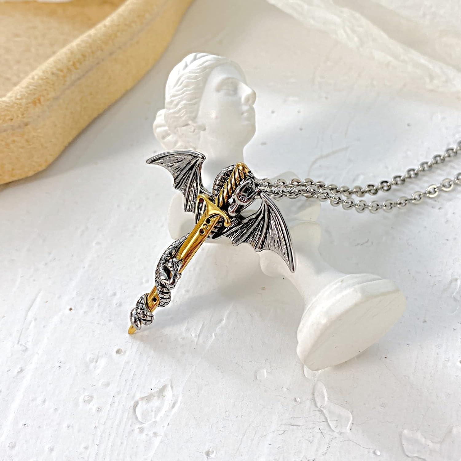 Edelstahl Drache Schwert Anhänger Halskette Herren Schmuck