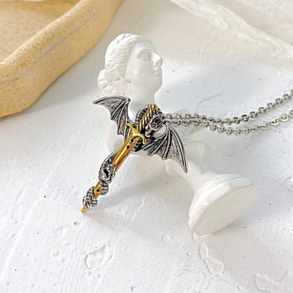 Edelstahl Drache Schwert Anhänger Halskette Herren Schmuck