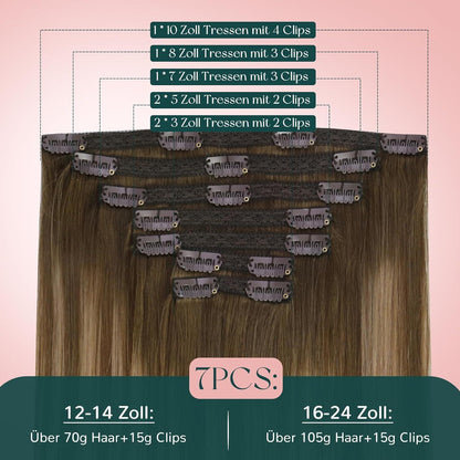 Clip-In Haarverlängerung Ombre Braun Blond Echthaar 55cm