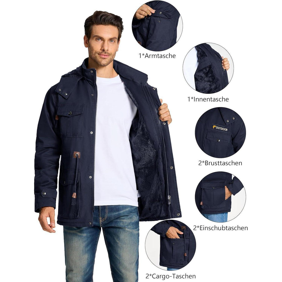 Herren Winterparka Fleecegefüttert mit Kapuze & Taschen Dunkelblau