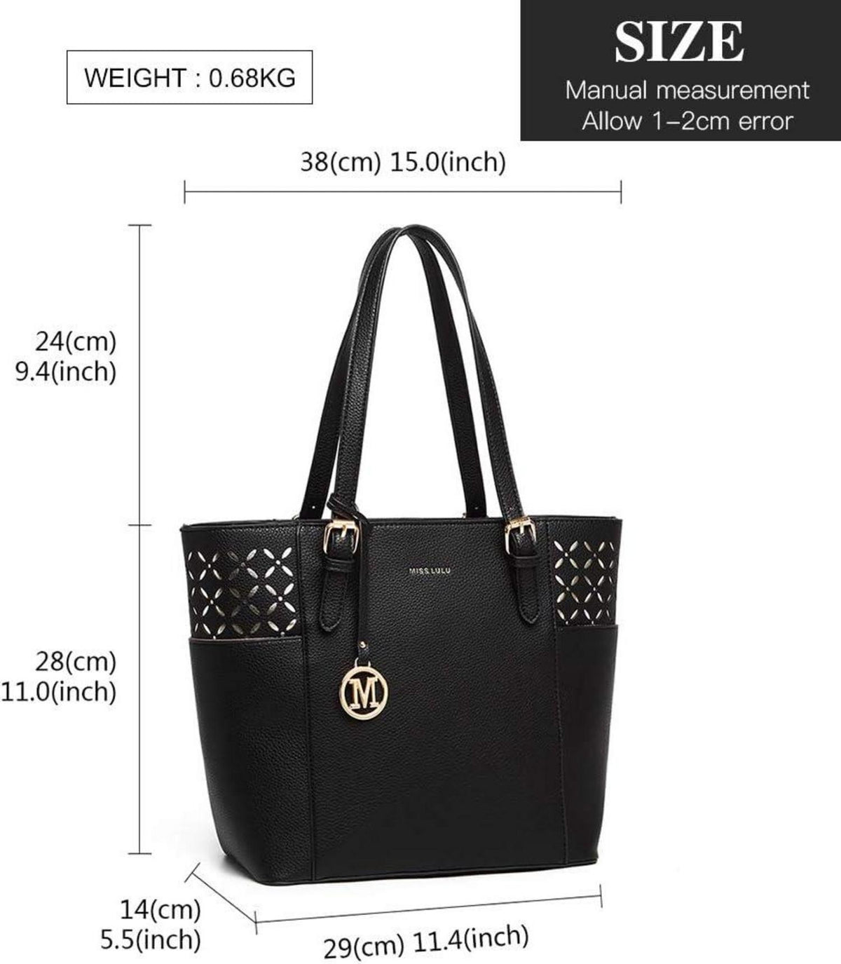 Miss Lulu Damen Handtasche Schultertasche Groß mit Reißverschluss und Nieten