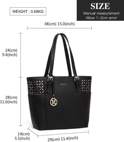 Miss Lulu Damen Handtasche Schultertasche Groß mit Reißverschluss und Nieten