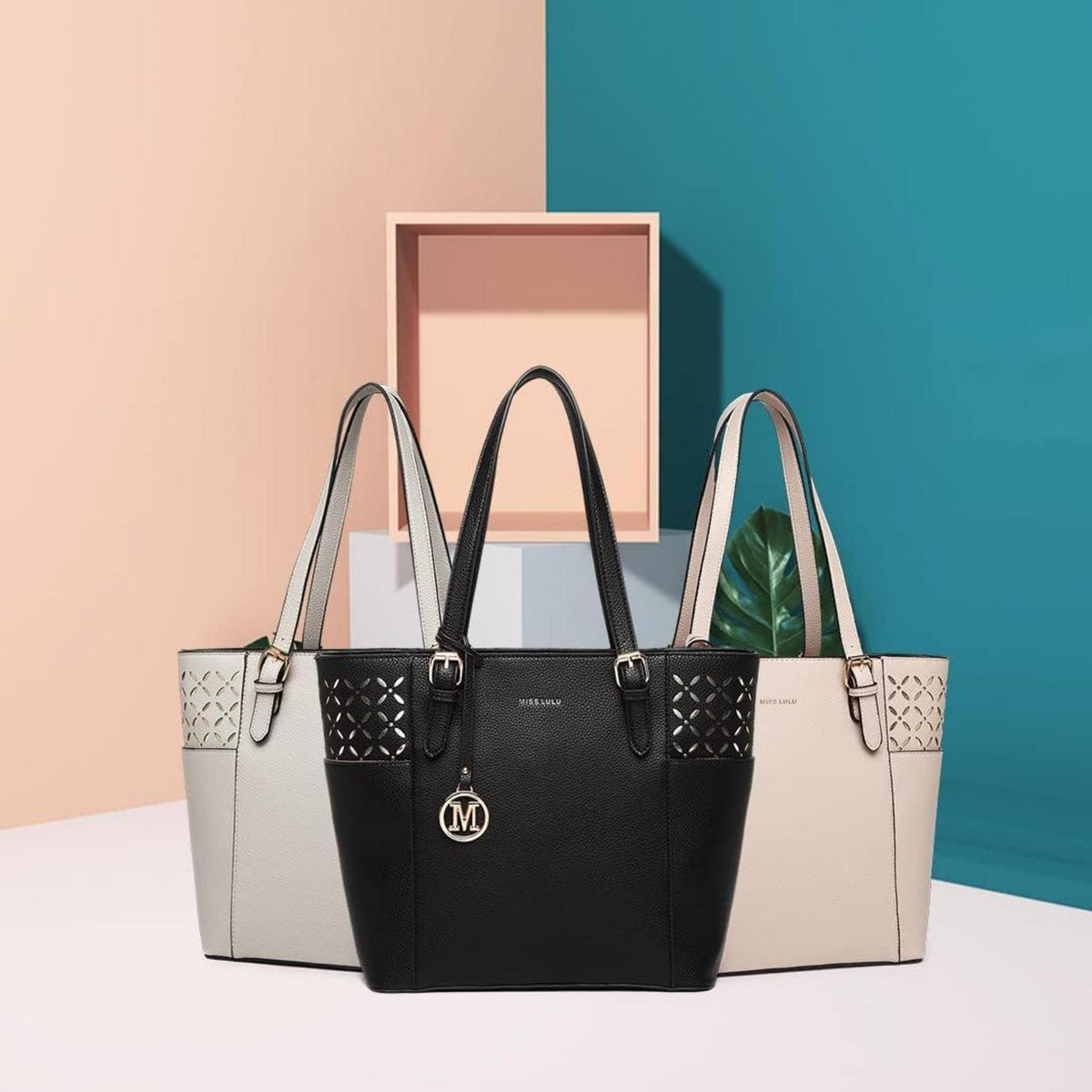 Miss Lulu Damen Handtasche Schultertasche Groß mit Reißverschluss und Nieten