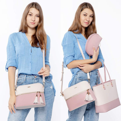 Große Damen Handtasche Set aus Leder mit 3-teiligem Shopper