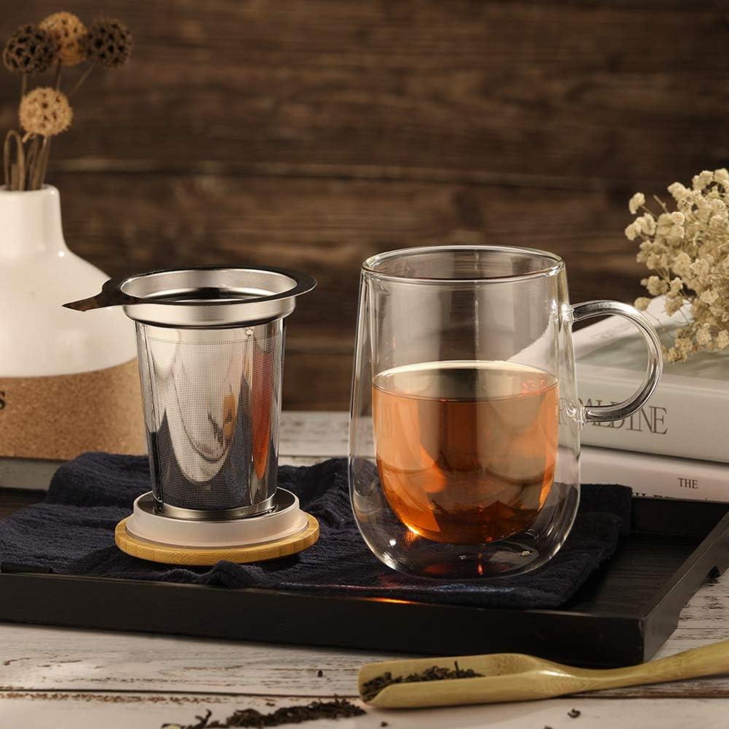 430ml Doppelwandige Glas Teetasse Metallsieb Borosilikat Teebecher