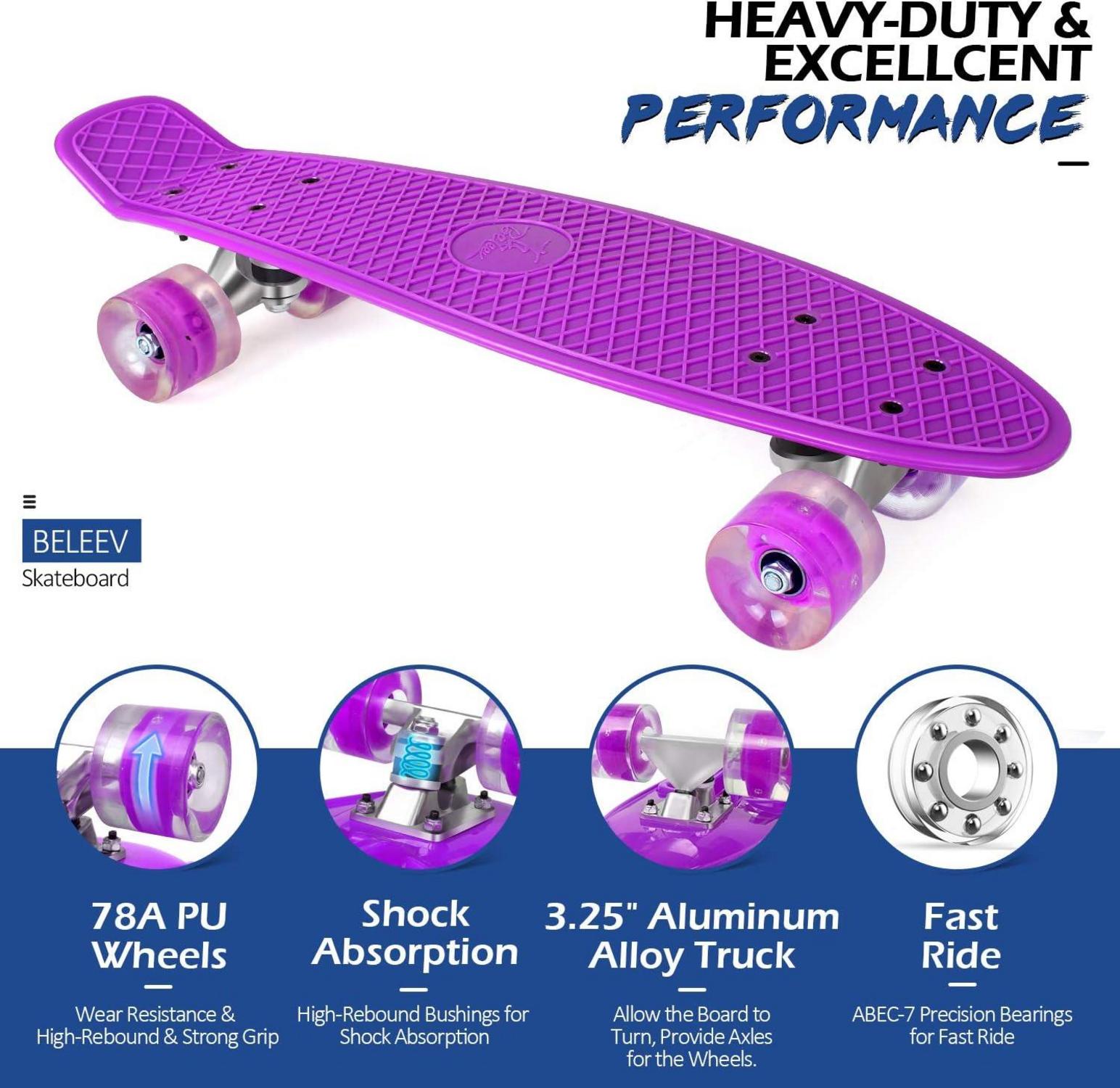 BELEEV 22 Zoll Mini Cruiser Skateboard LED Leuchtrollen - Violett