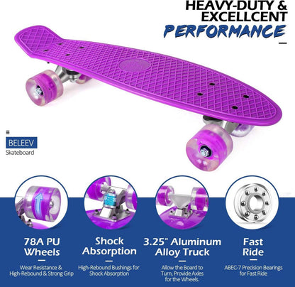 BELEEV 22 Zoll Mini Cruiser Skateboard LED Leuchtrollen - Violett