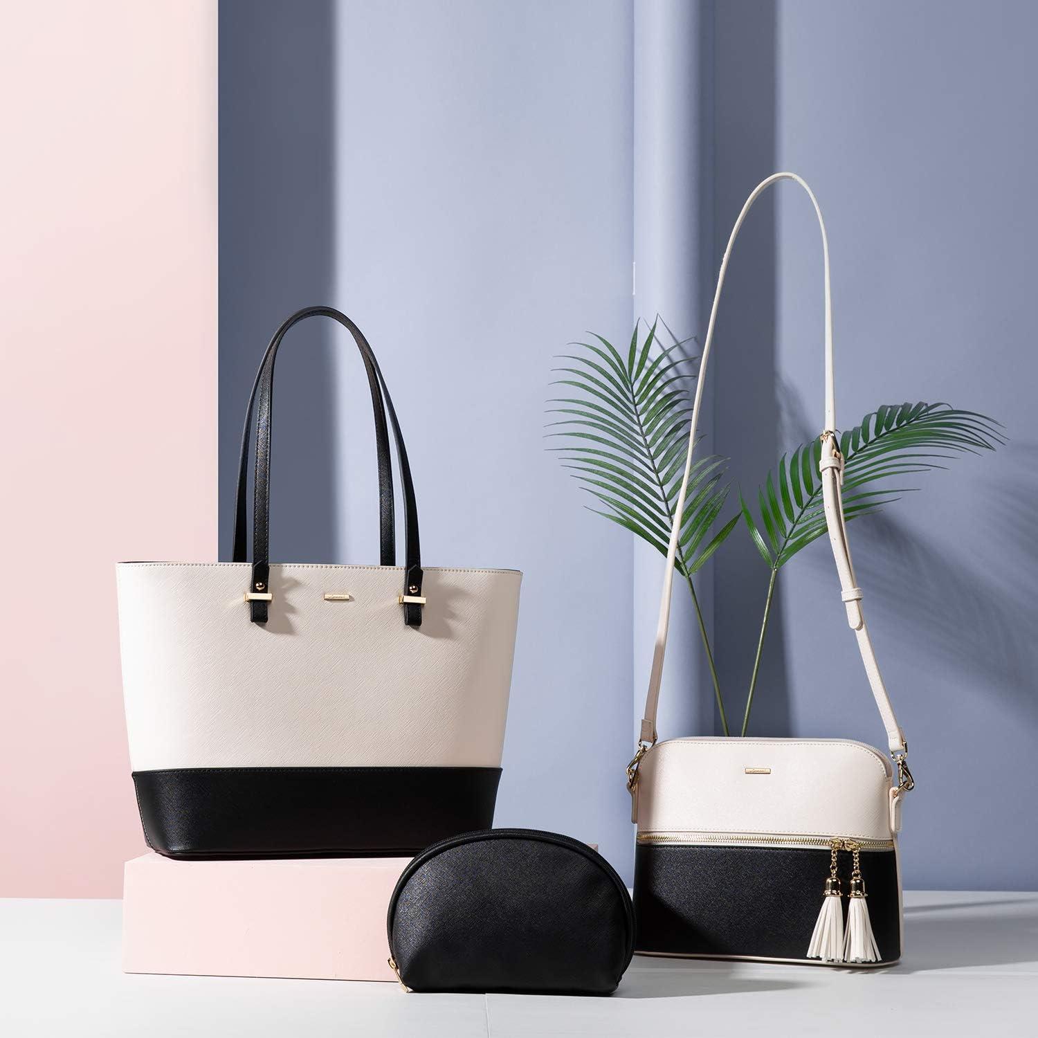 Schwarze Damen Handtasche Set Groß Leder Schultertasche 3-teilig