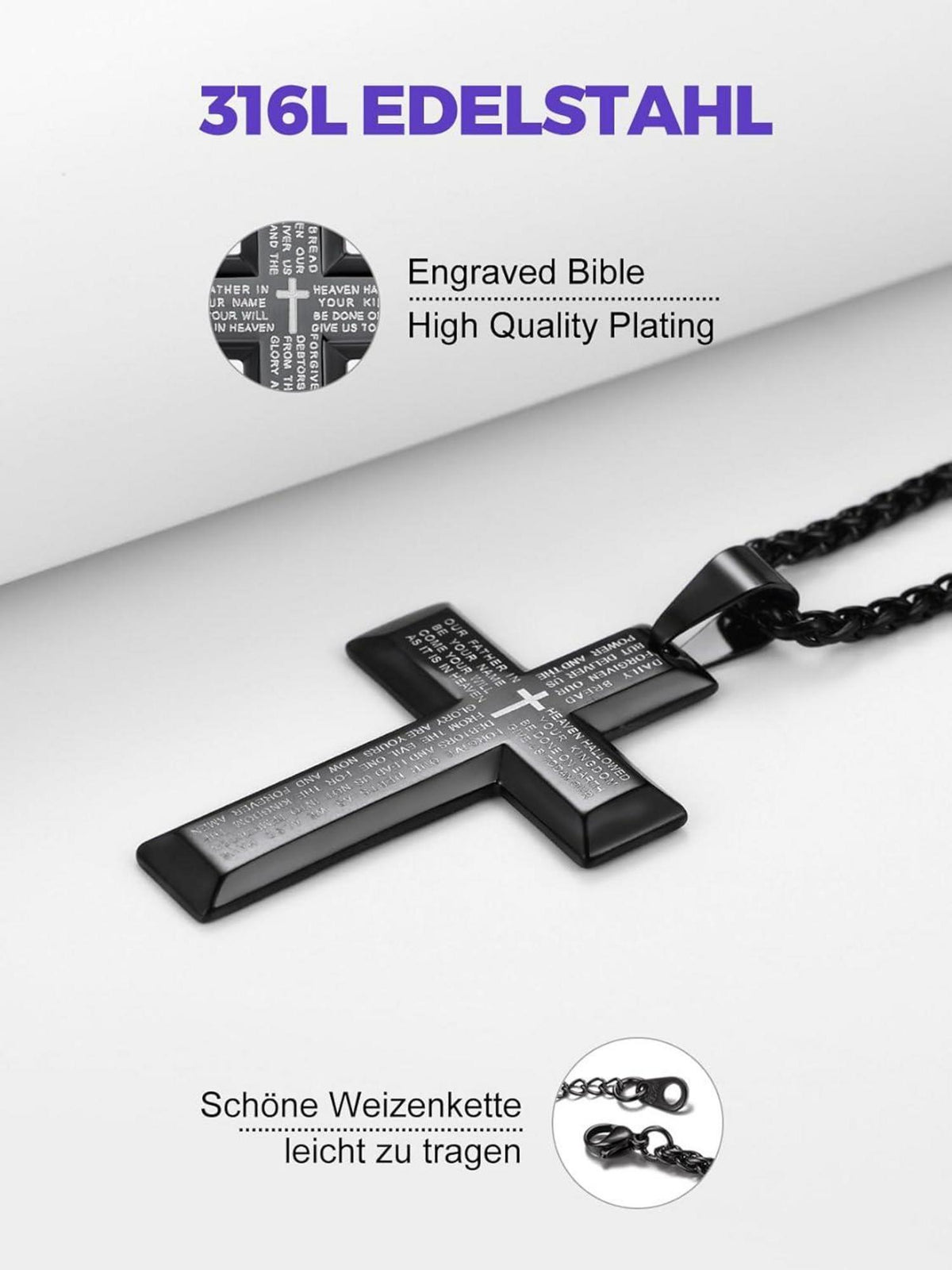 Edelstahl Kreuz Halskette mit Weizenkette in Silber/Gold/Schwarz