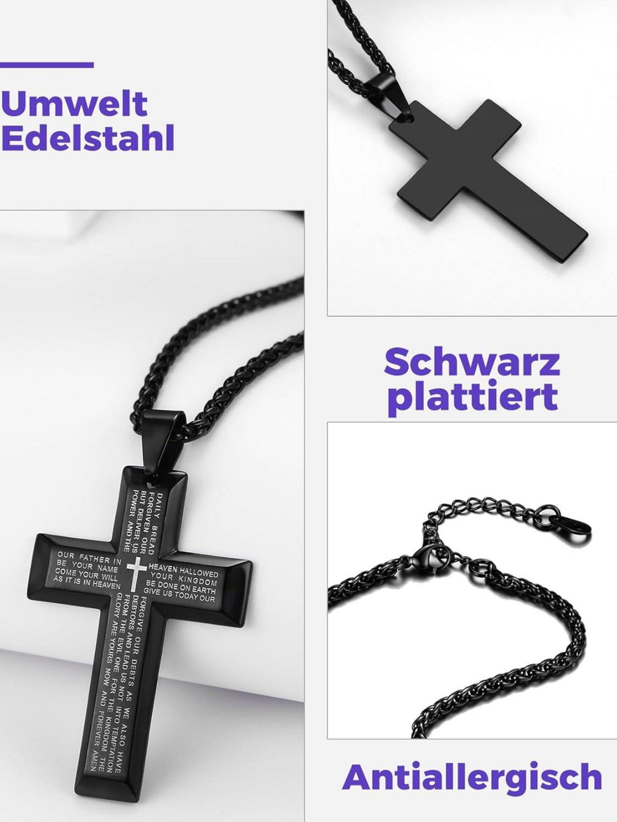 Richsteel Edelstahl Kreuz Anhänger Halskette 50+5cm Silber Gold Schwarz