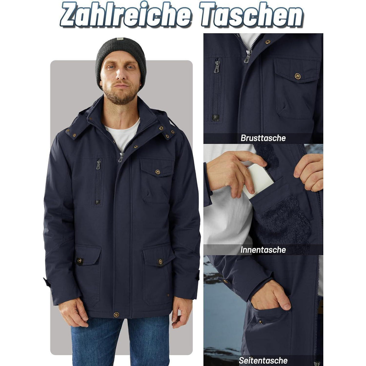 Herren Winterparka mit Kapuze – Warm gefüttert & Vieltaschen