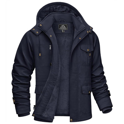 Herren Winterjacke gefüttert mit Kapuze & Cargo Taschen Dunkelblau