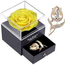 Ewige gelbe konservierte Rose mit Brosche, Geschenkbox für