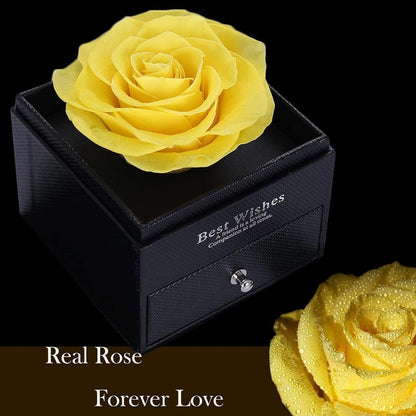 Ewige gelbe konservierte Rose mit Brosche, Geschenkbox für