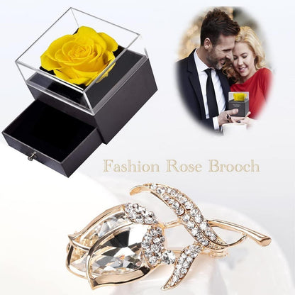 Ewige gelbe konservierte Rose mit Brosche, Geschenkbox für