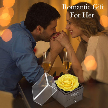 Ewige gelbe konservierte Rose mit Brosche, Geschenkbox für