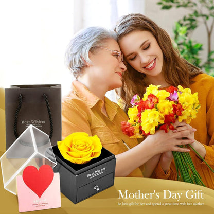 Ewige gelbe konservierte Rose mit Brosche, Geschenkbox für