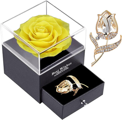Ewige Rose Geschenkbox: Konservierte Gelbe Rose mit Brosche
