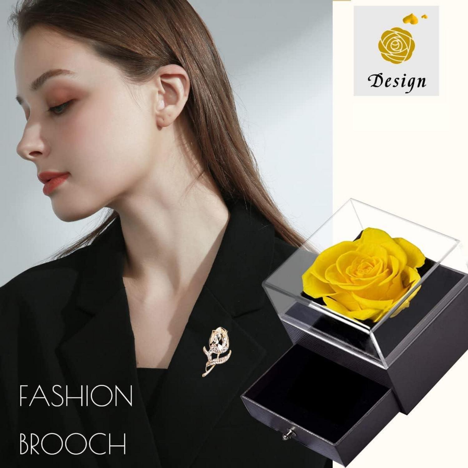 Konservierte gelbe Rose in transparenter Geschenkbox mit Brosche, Valentinstagsgeschenk