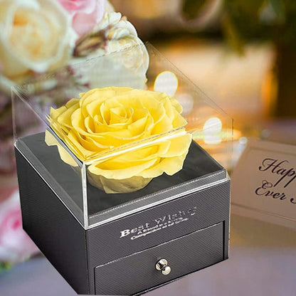 Ewige gelbe Rose in transparenter Geschenkbox mit Brosche