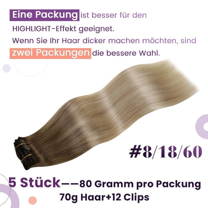 Clip-in Echthaar Extensions Ombre Hellbraun-Aschblond 40cm