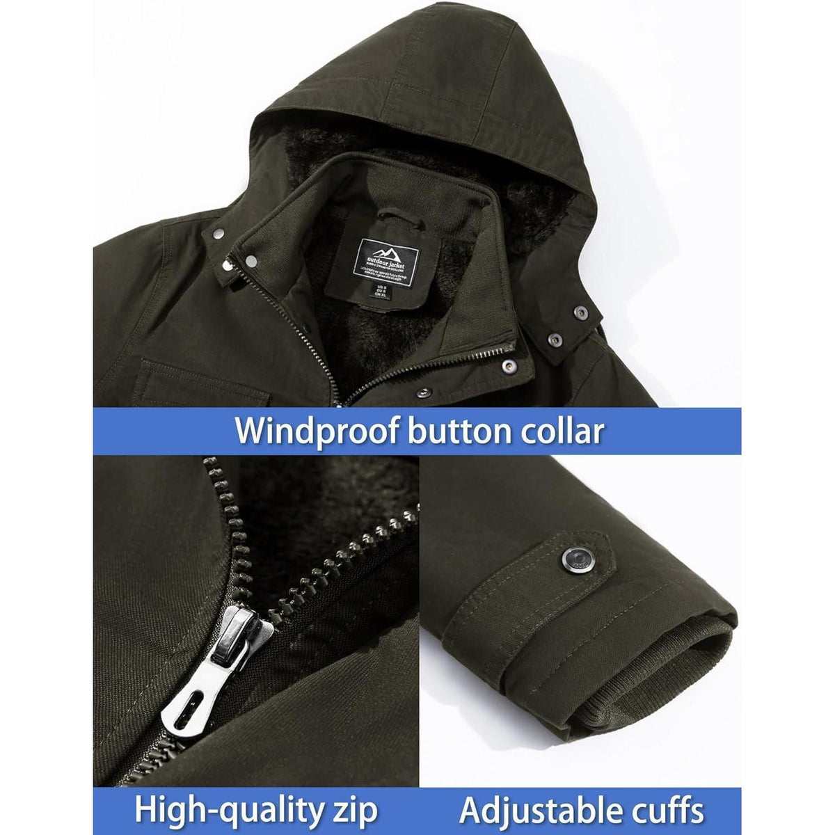 Herren Winterjacke Fleecegefüttert Cargojacke Armeegrün Outdoor