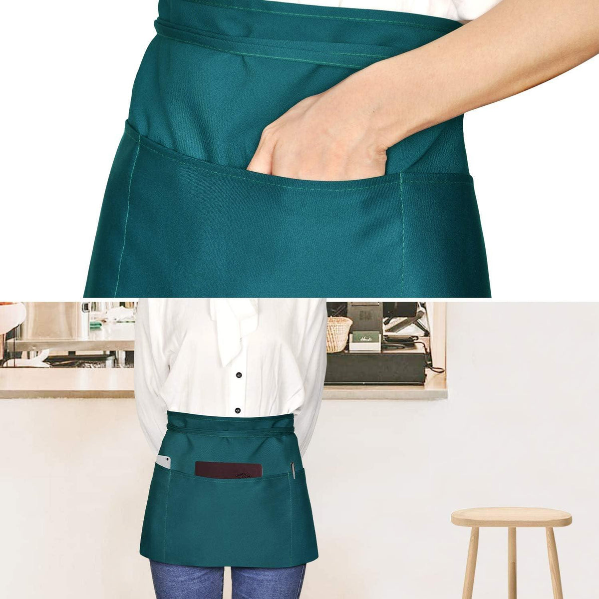 Wasserdichte Kochschürze mit 3 Taschen 2er Pack Kurz-grün