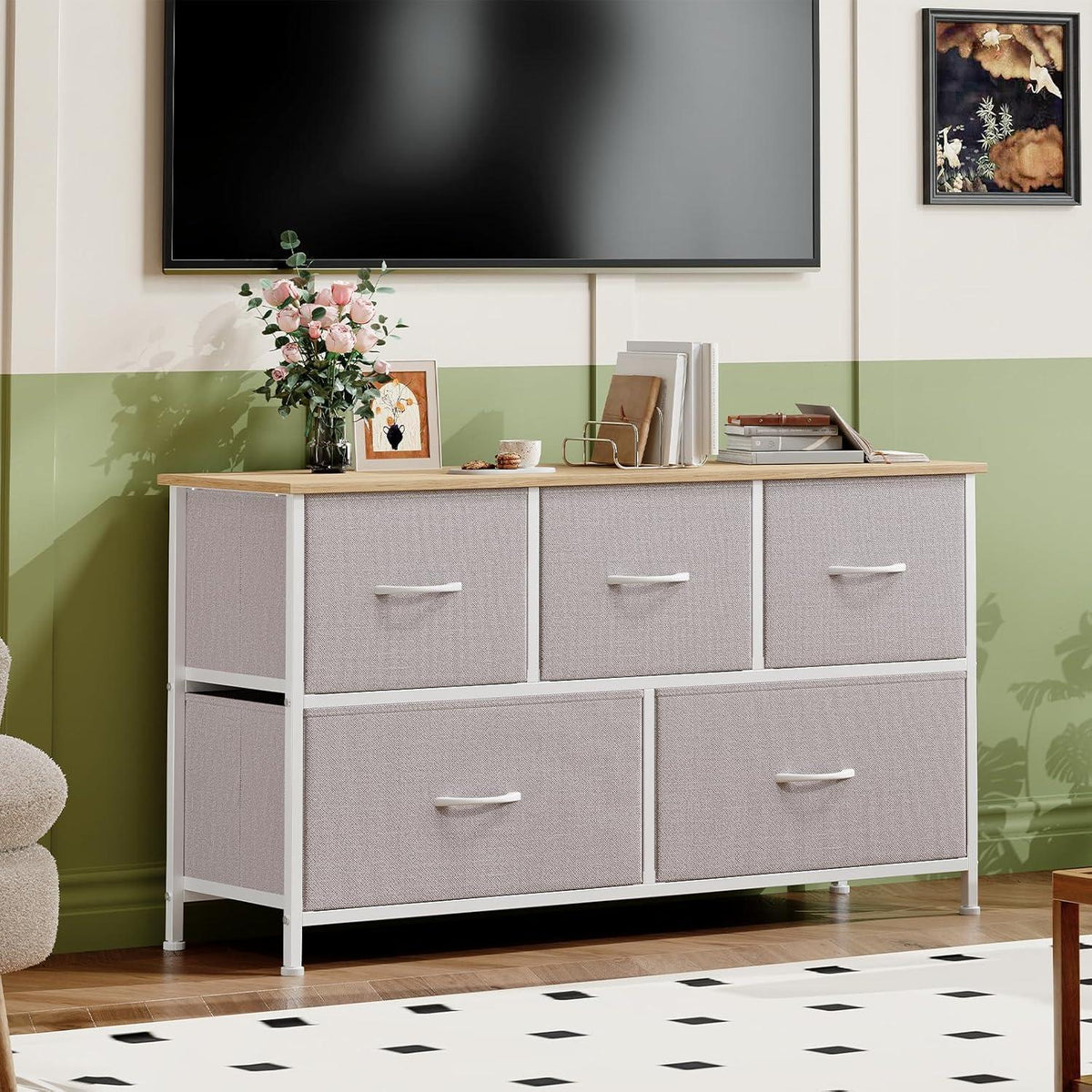 Kommode mit 5 Stoffschubladen – Aschgrau, 100x30x55 cm