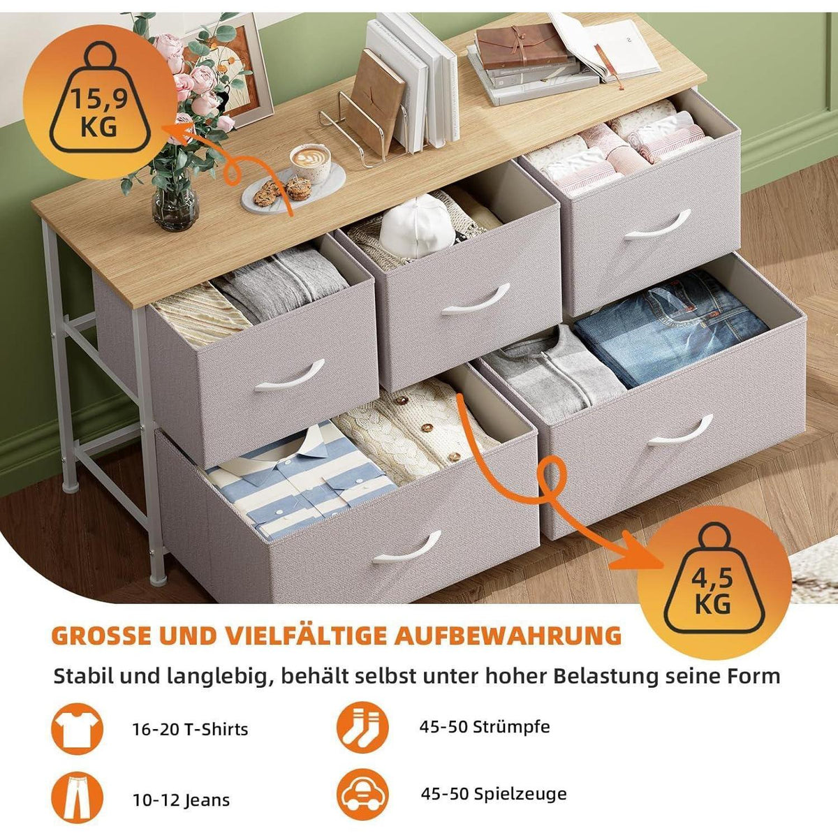 Kommode mit 5 Stoffschubladen – Aschgrau, 100x30x55 cm