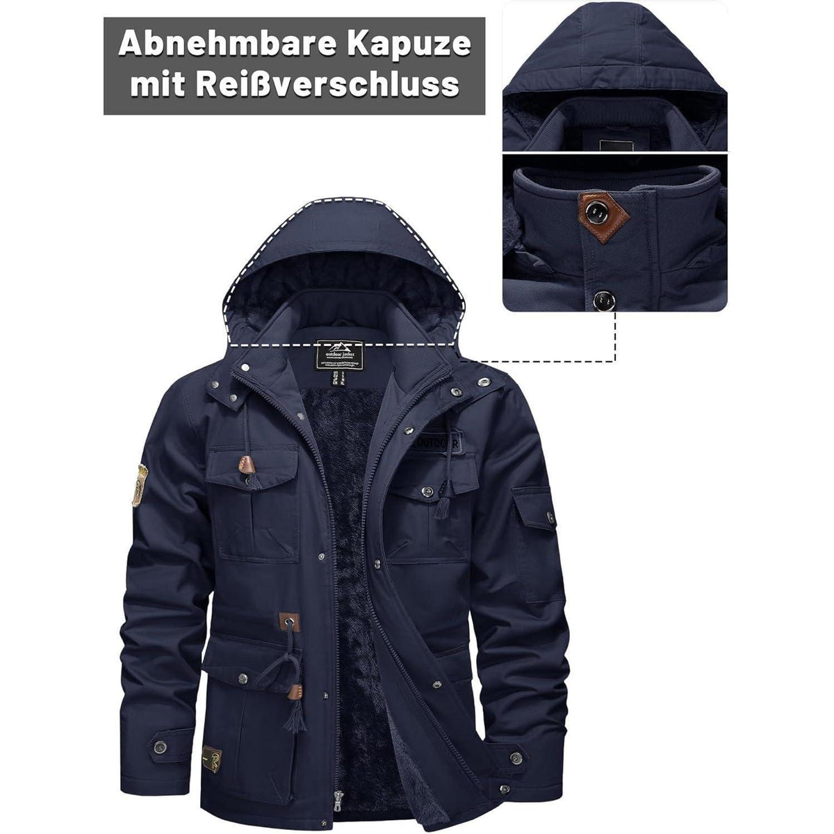 Herren Winterjacke Warm Gefüttert Militärstil Marineblau XXL